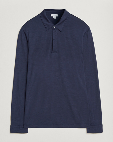 Sunspel Wool Jersey Long Sleeve Polo Navy – Blue