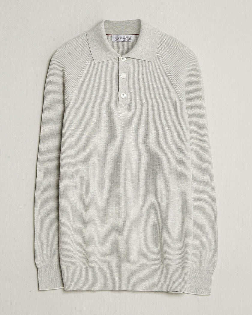 Brunello Cucinelli Cotton Rib Knitted Long Sleeve Polo Light Grey – Grey