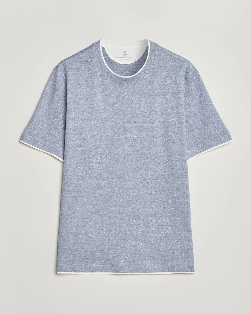 Brunello Cucinelli Double Collar Linen T-Shirt Light Blue – Blue