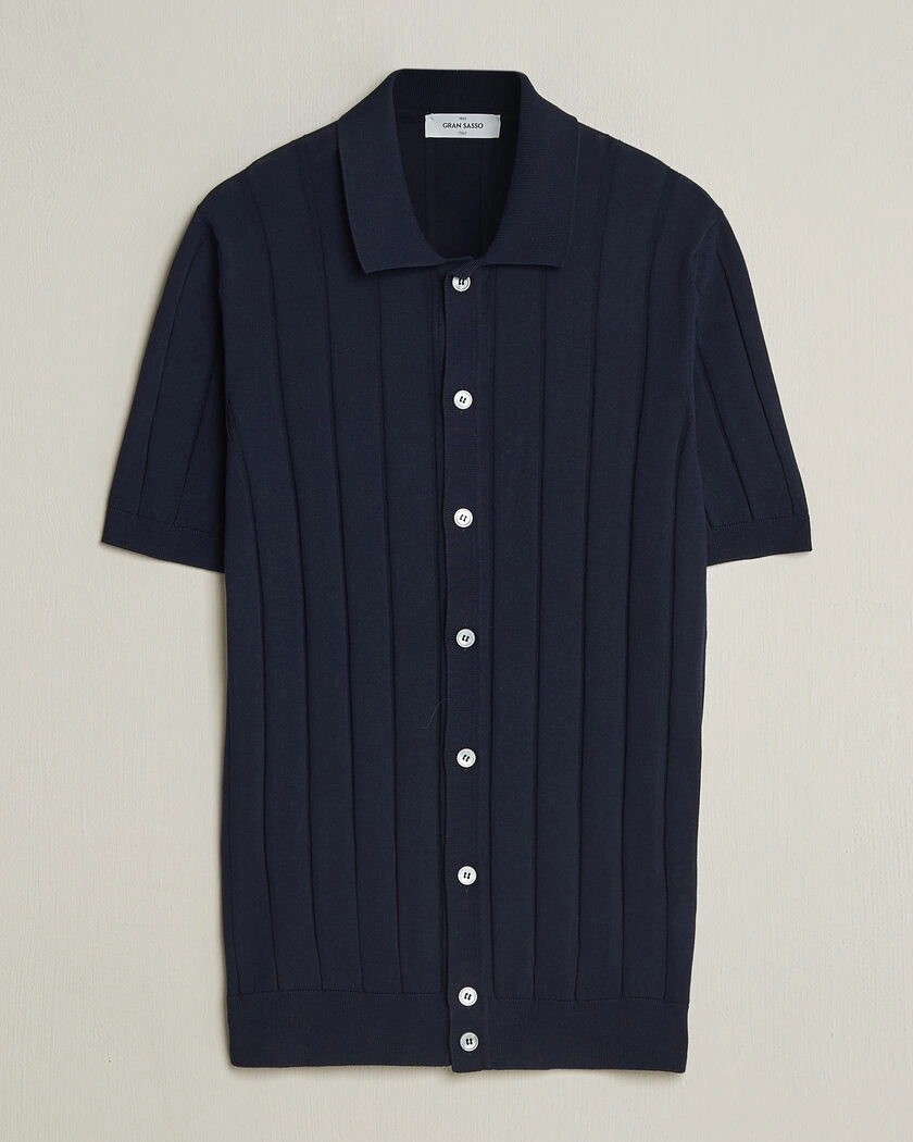 Gran Sasso Cotton Ribbed Knitted Resort Shirt Navy – Blue