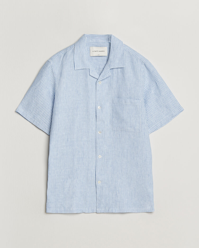 A Day's March Yamu Striped Linen Short Sleeve Shirt Light Blue – Blue