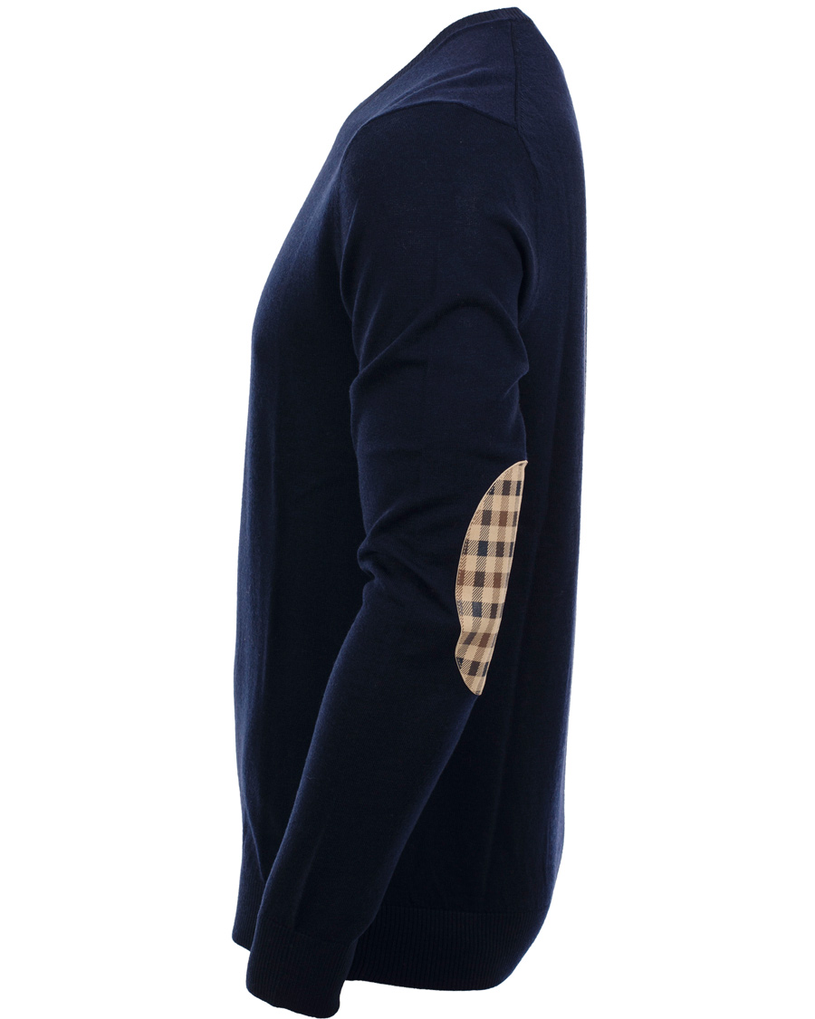 Aquascutum Merino Crew Neck Elbow Patch Pullover Navy at