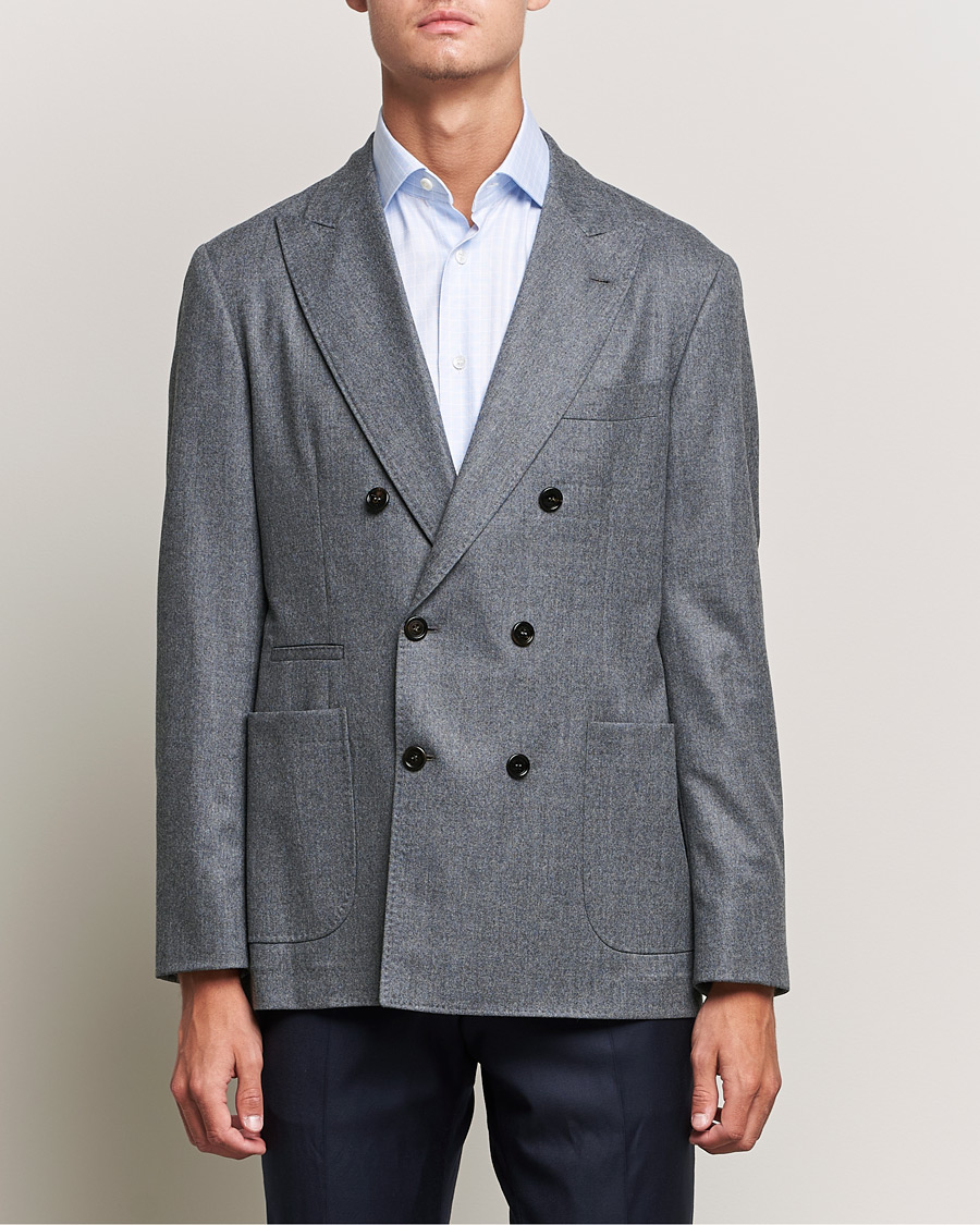 Brunello Cucinelli Double Breasted Flannel Blazer Grey Melange at