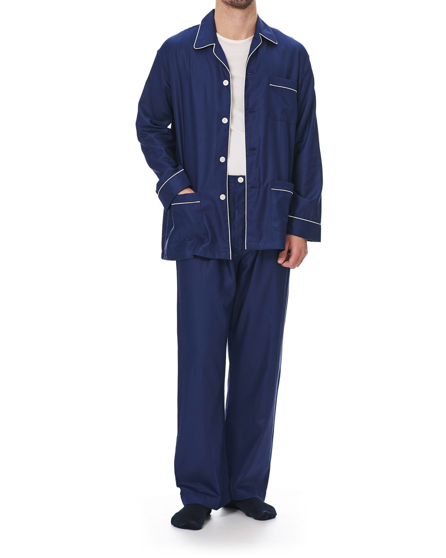 Derek Rose Jaquard Woven Cotton Pyjama Set Navy at