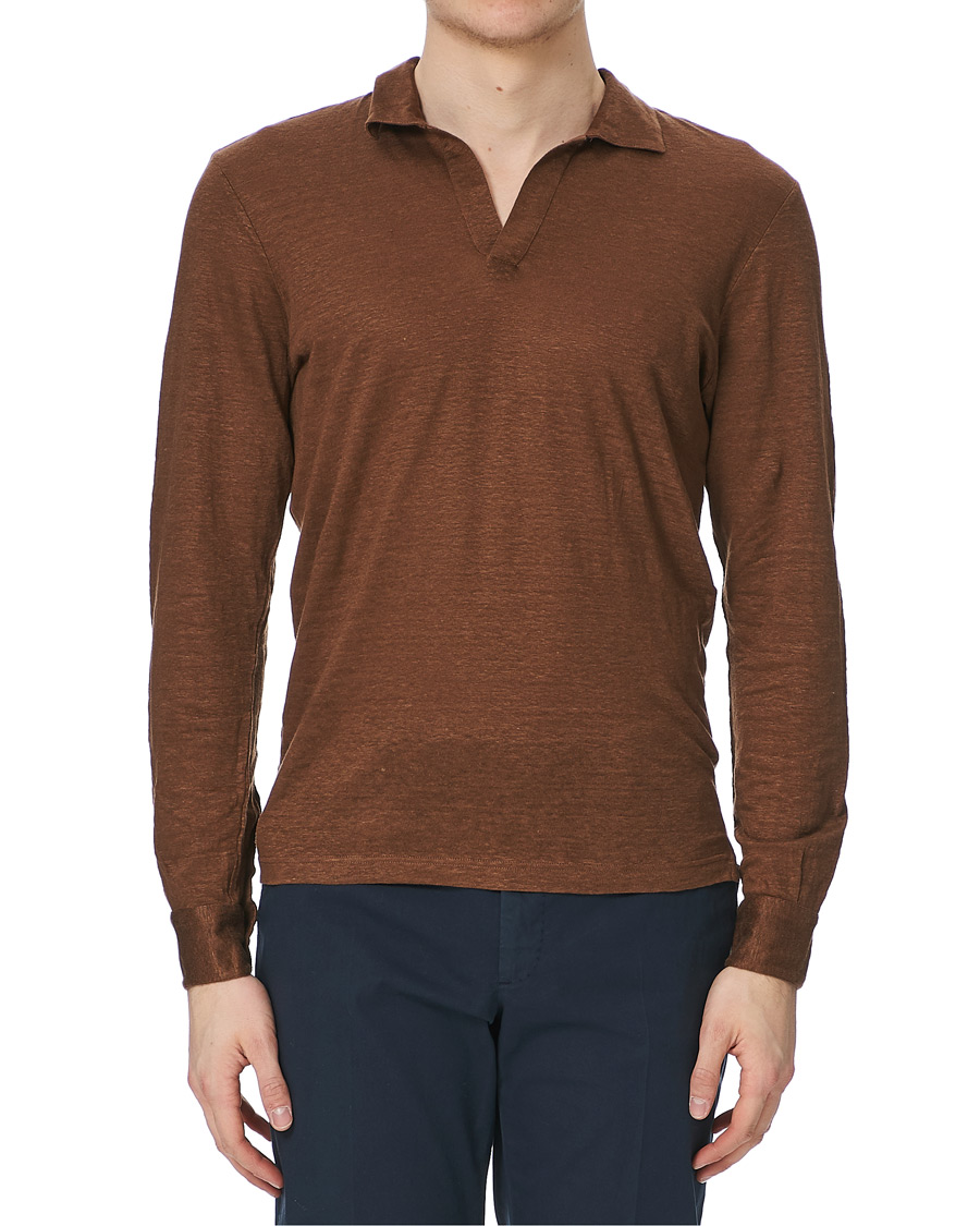 Men |  | Gran Sasso | Washed Linen Long Sleeve Polo Gold Brown