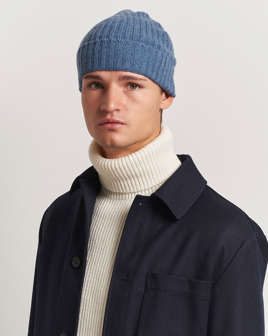 Men |  | Amanda Christensen | Rib Knitted Cashmere Cap Blue Melange