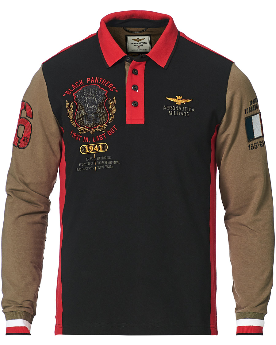 Aeronautica Militare Long Sleve Logo Polo Military Black Red at