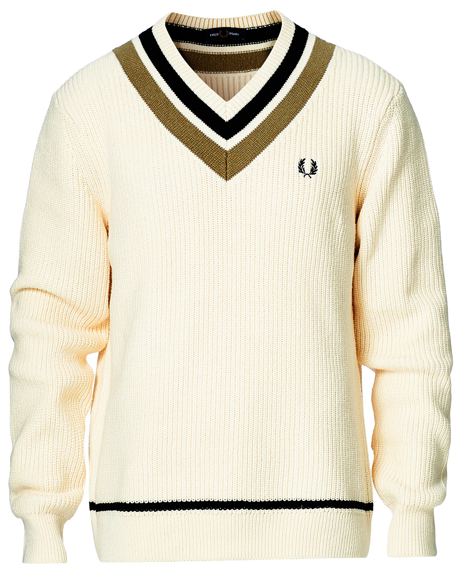 Fred Perry Striped Knitted V Neck Jumper Ecru at CareOfCarl