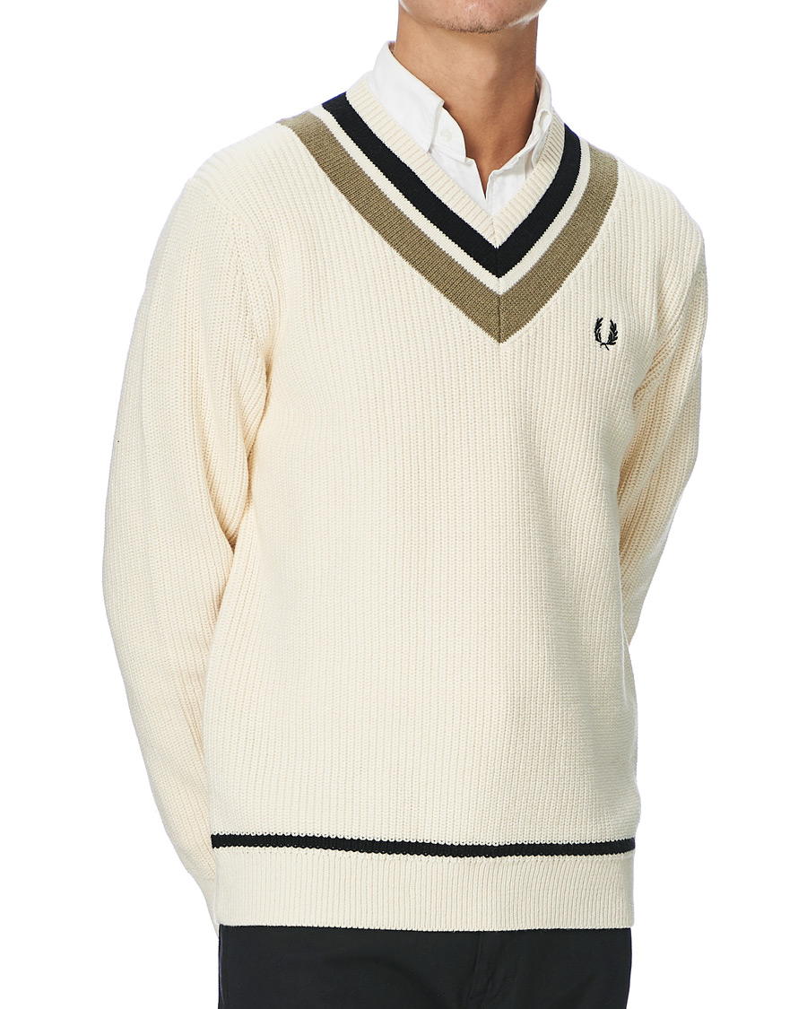 Fred Perry Striped Knitted V-Neck Jumper Ecru at CareOfCarl.com