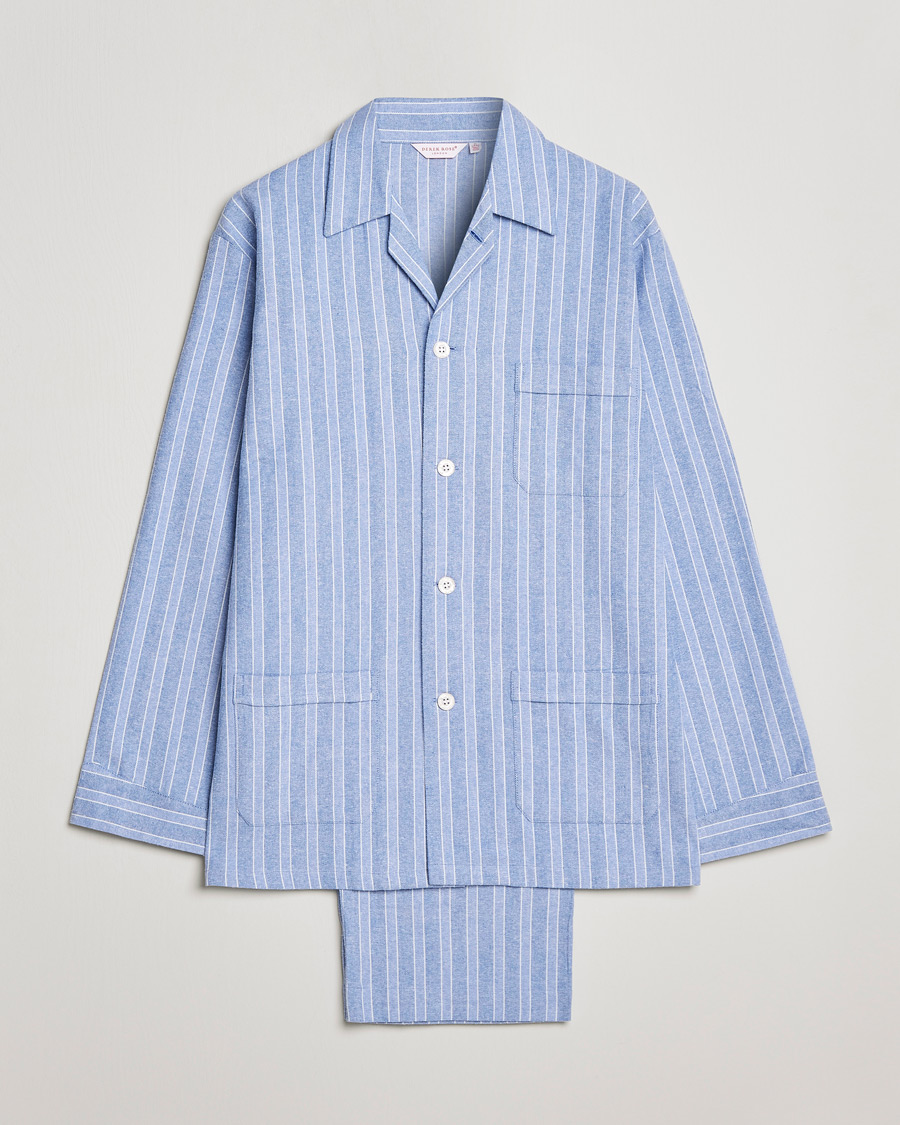 Derek Rose Brushed Cotton Flannel Striped Pyjama Set Blue at 