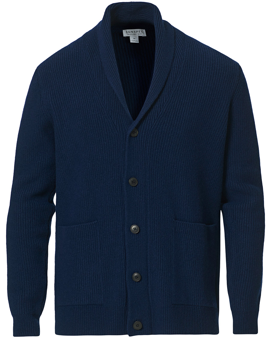 Sunspel Wool/Cashmere Shawl Neck Cardigan Dark Navy Melange at