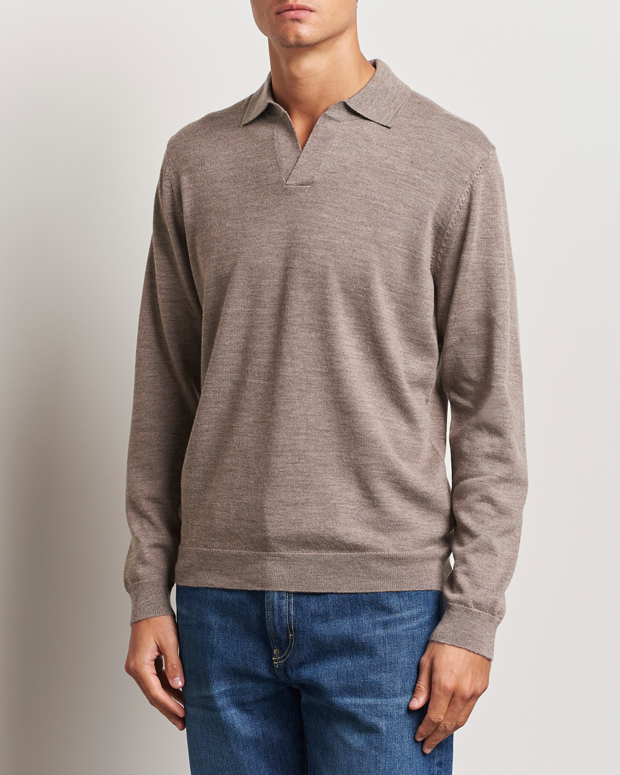 Men | Clothing | A Day\'s March | Manol Open Collar Merino Polo Taupe Melange