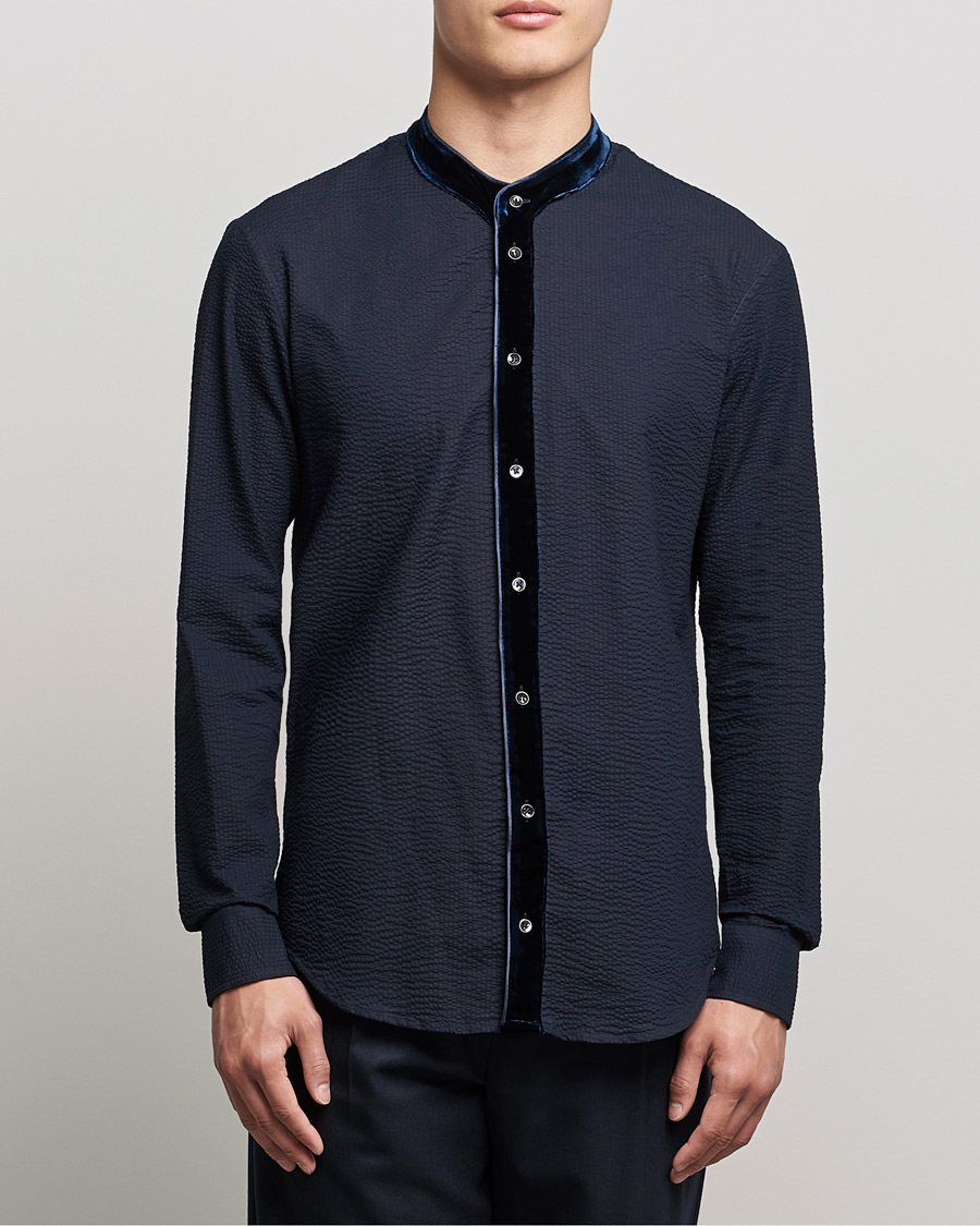 Giorgio Armani Seersucker Velvet Guru Collar Shirt Navy at