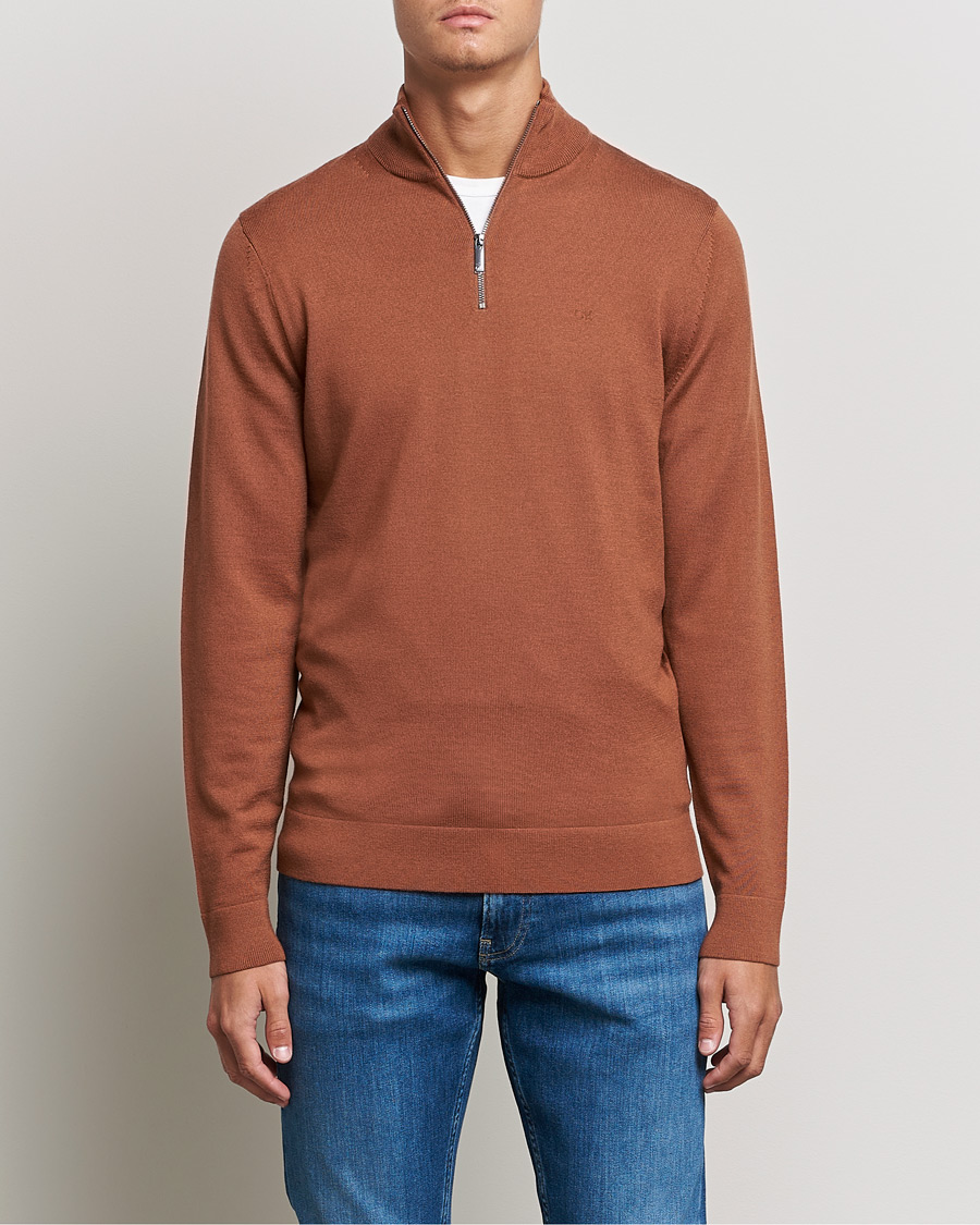 Calvin Klein Superior Wool Half Zip Sweater Caramel Red at