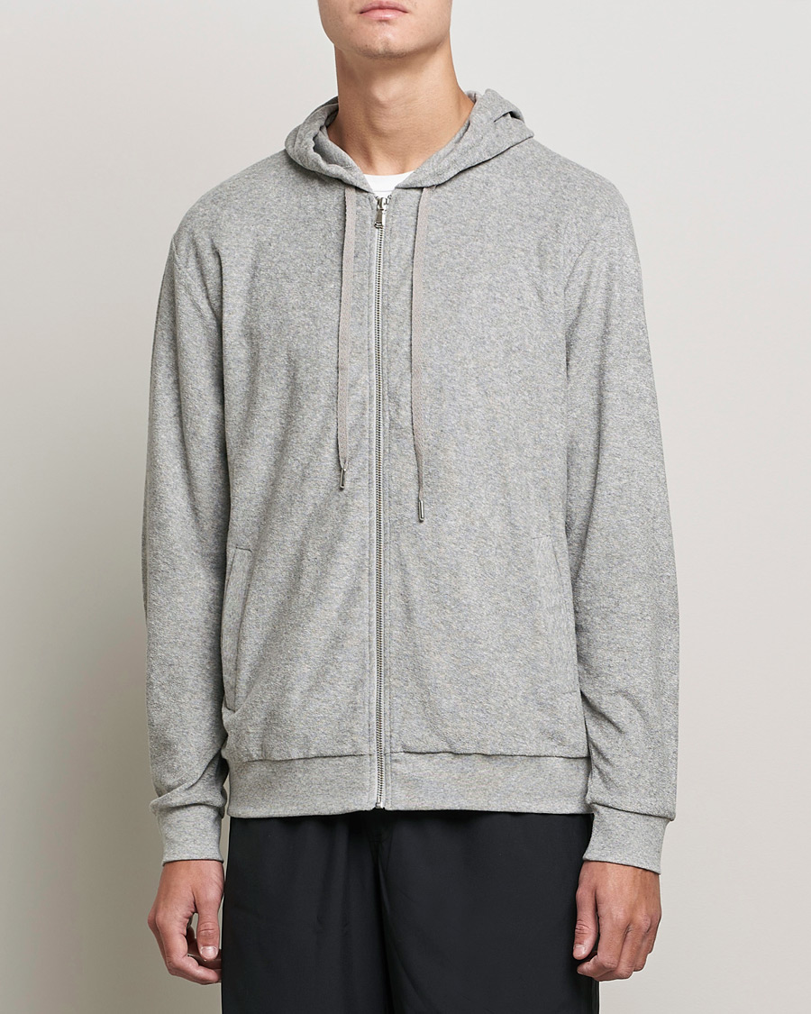 Sunspel Towelling Full Zip Hooded Sweatshirt Grey Melange at