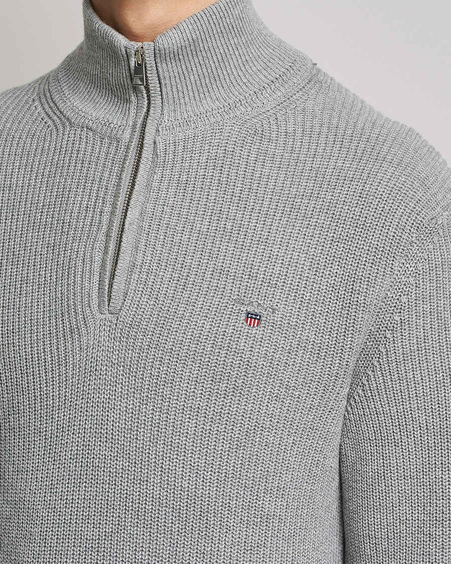 GANT Cotton/Wool Ribbed Half Zip Sweater Grey Melange at CareOfCarl.com