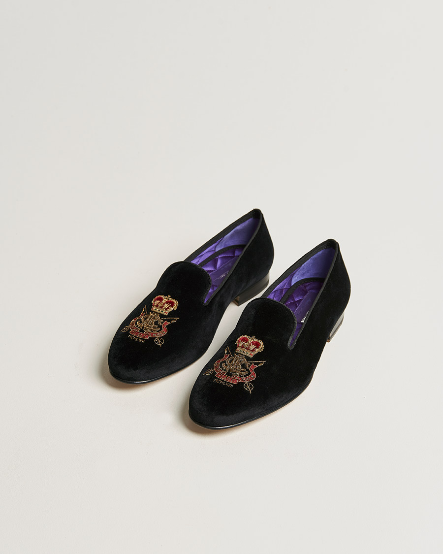 Ralph Lauren Purple Label Velvet Embroidered Slippers Black at