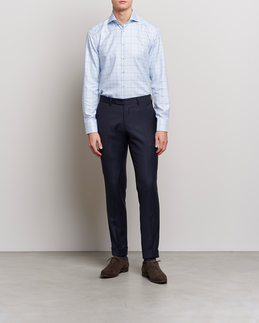 Stenströms Slimline Cut Away Windowpane Shirt Blue at CareOfCarl.com