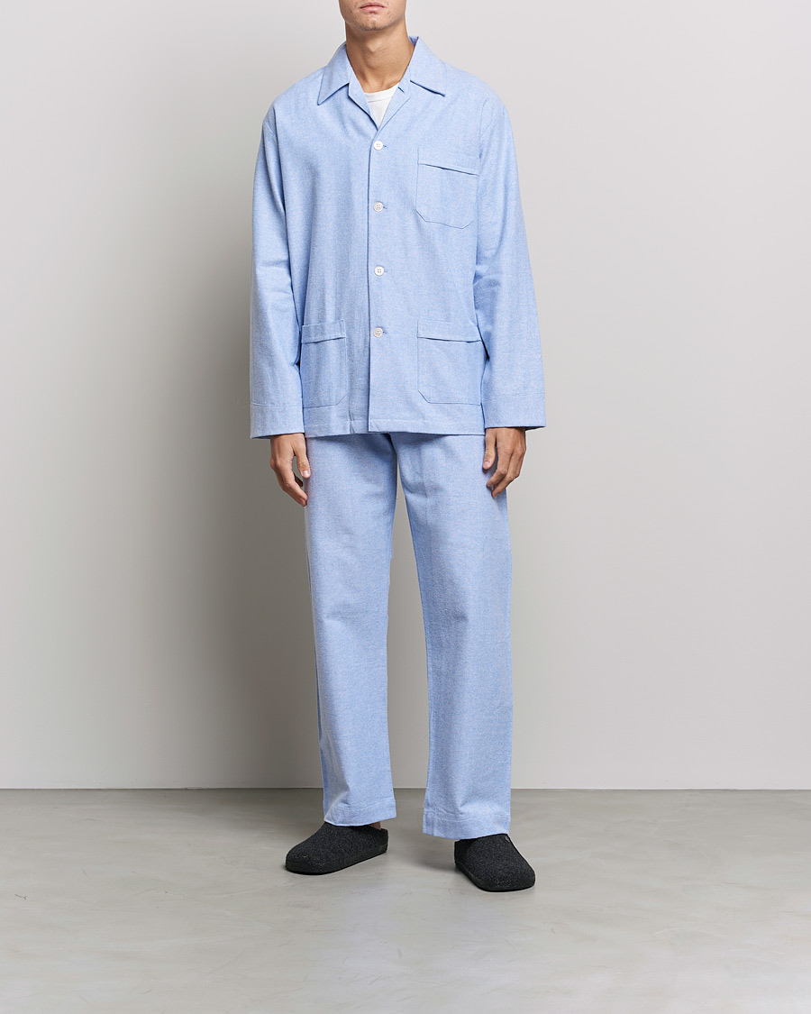 Derek Rose Brushed Cotton Flannel Herringbone Pyjama Set Blue at