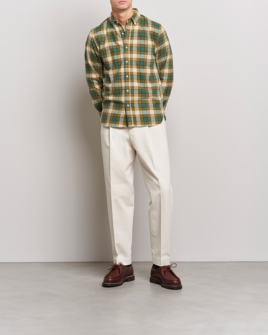 BEAMS PLUS Flannel Button Down Shirt Green Check at CareOfCarl.com