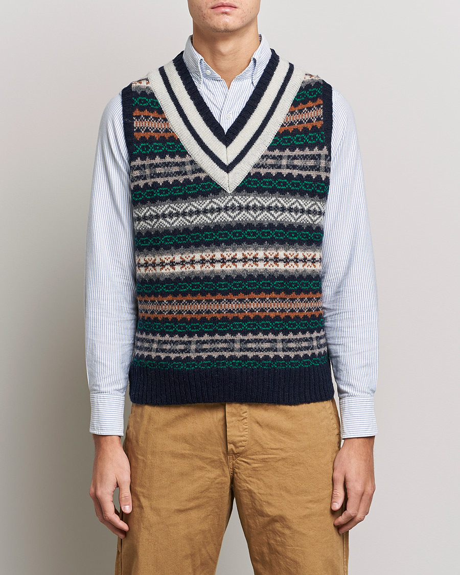 BEAMS PLUS Fairisle Cricket Knit Vest Navy at CareOfCarl.com