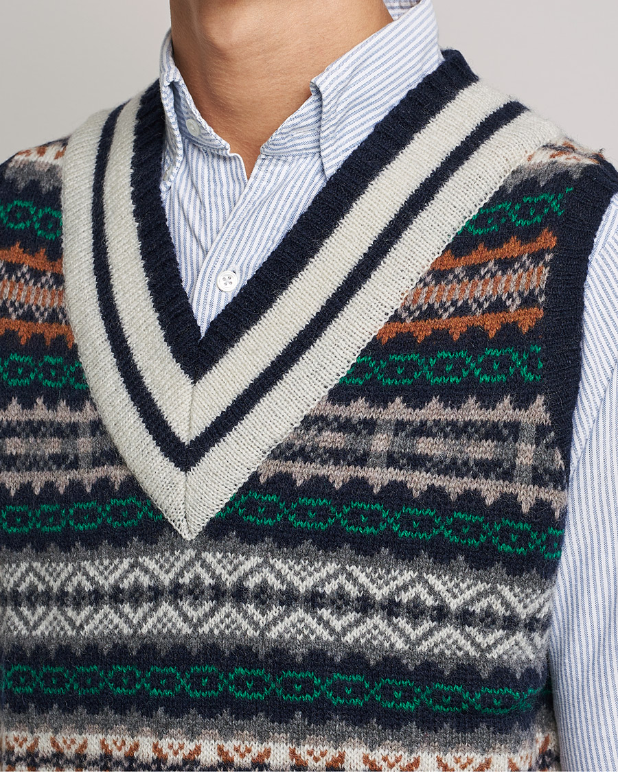 BEAMS PLUS Fairisle Cricket Knit Vest Navy at CareOfCarl.com