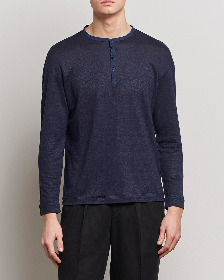 Giorgio Armani Linen Henley Navy at CareOfCarl