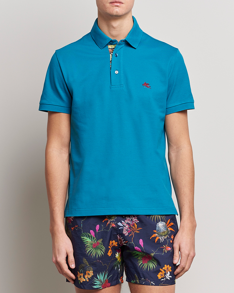 Etro Short Sleeve Contrast Paisley Polo Azzurro at CareOfCarl.com