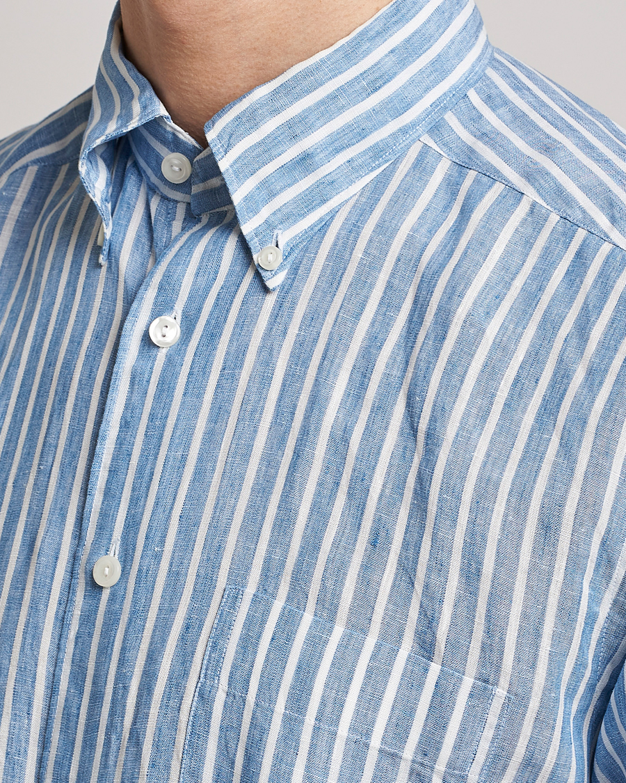 Eton Slim Fit Striped Linen Shirt Mid Blue at CareOfCarl.com