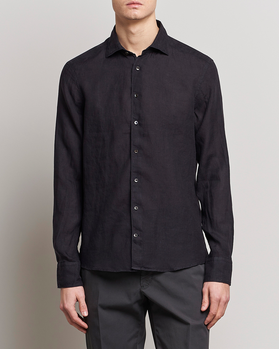 Men | The Linen Closet | Stenströms | Slimline Cut Away Linen Shirt Black