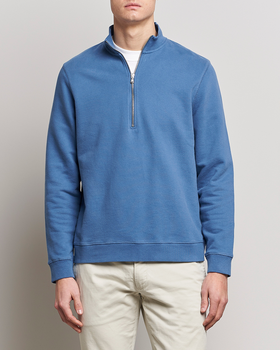 Sunspel Loopback Half Zip Sweatshirt Blue Stone at CareOfCarl.com