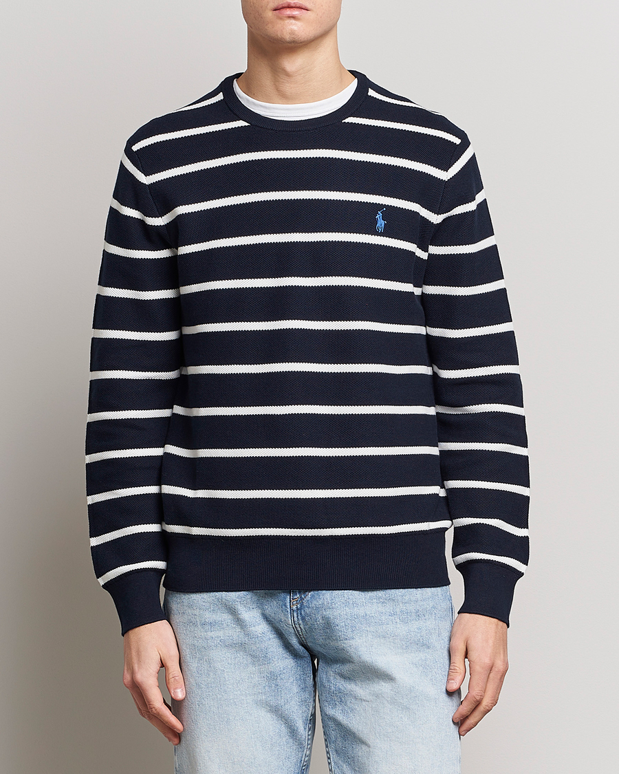 Polo Ralph Lauren Textured Striped Crew Neck Sweater Navy White at CareOfCa