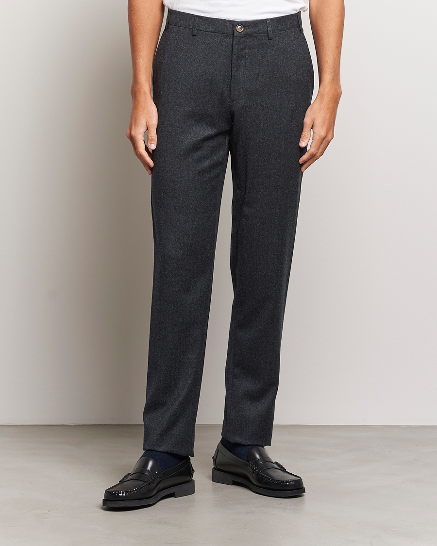 Men | Flannel Trousers | Canali | Slim Fit Washable Flannel Trousers Charcoal