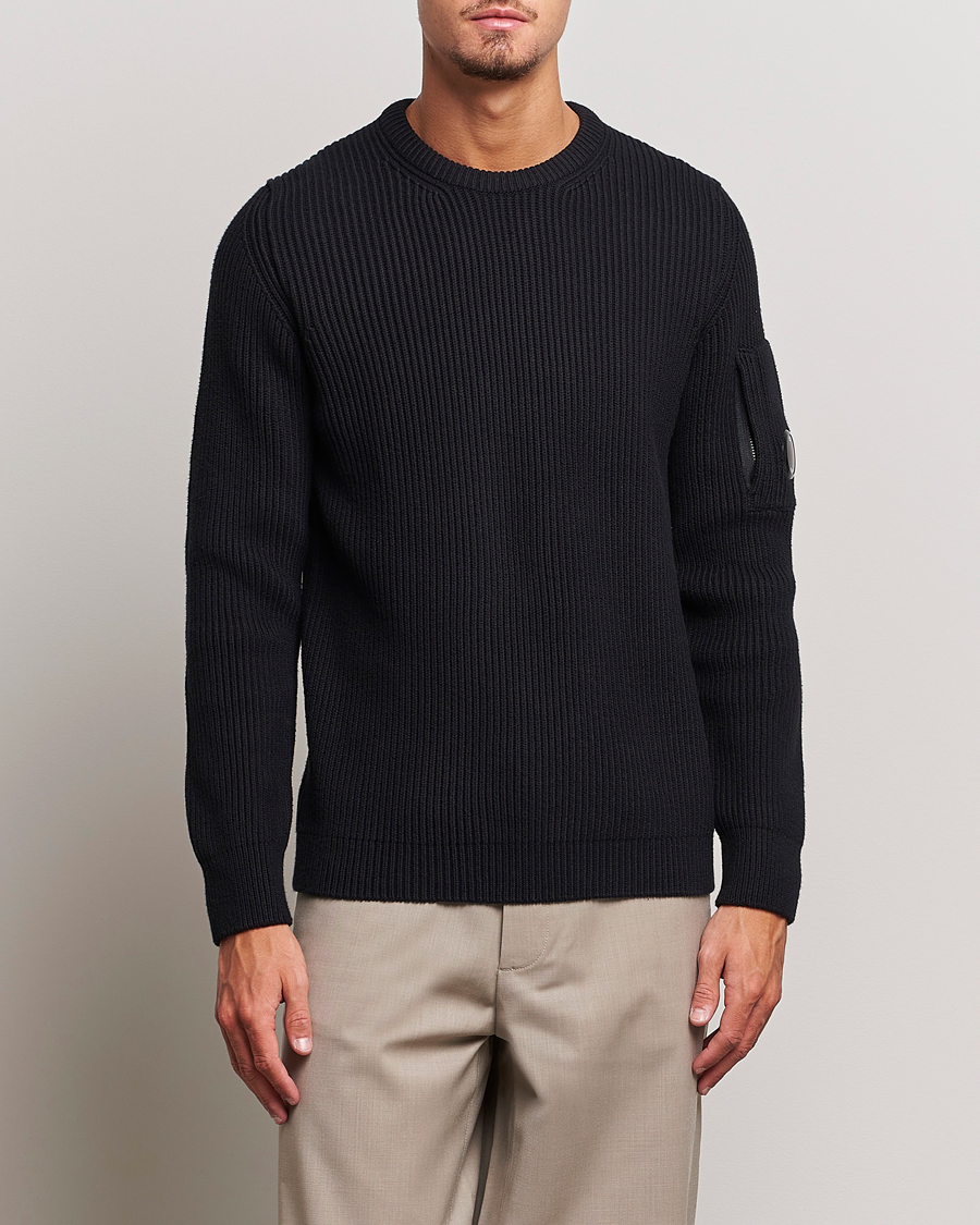 C.P. Company Full Rib Knitted Cotton Crewneck Black at CareOfCarl.com