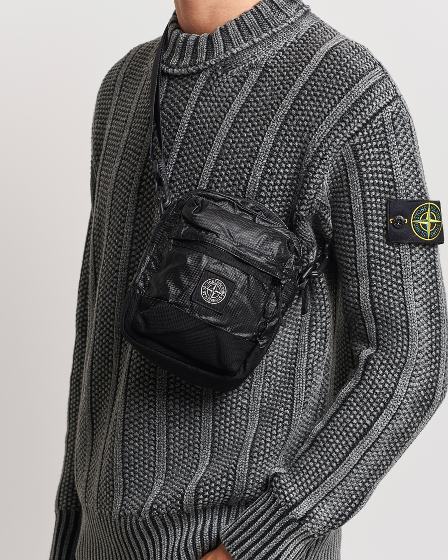 Men | Stone Island Garment Dyed Mussola Gommata Canvas Shoulder Bag Black | Stone Island | Garment Dyed Mussola Gommata Canvas Shoulder Bag Black