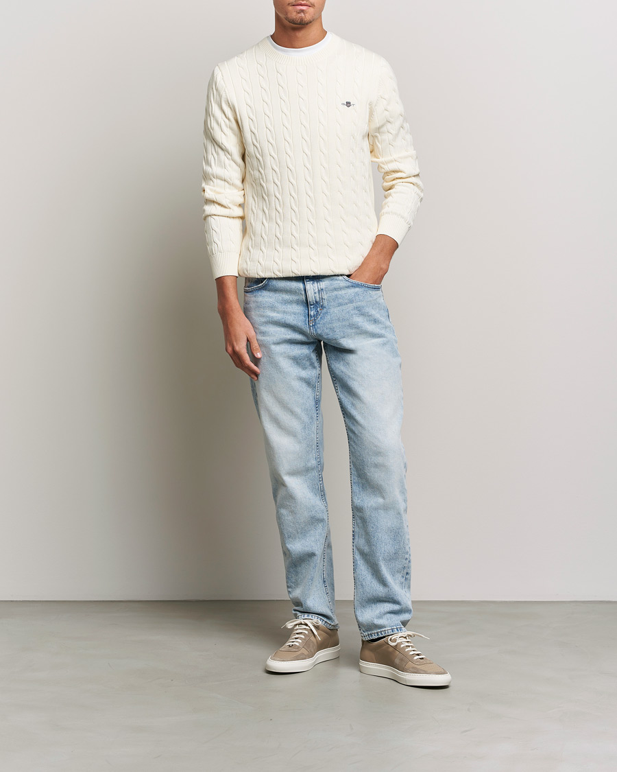 GANT Cotton Cable Crew Neck Pullover Cream at CareOfCarl