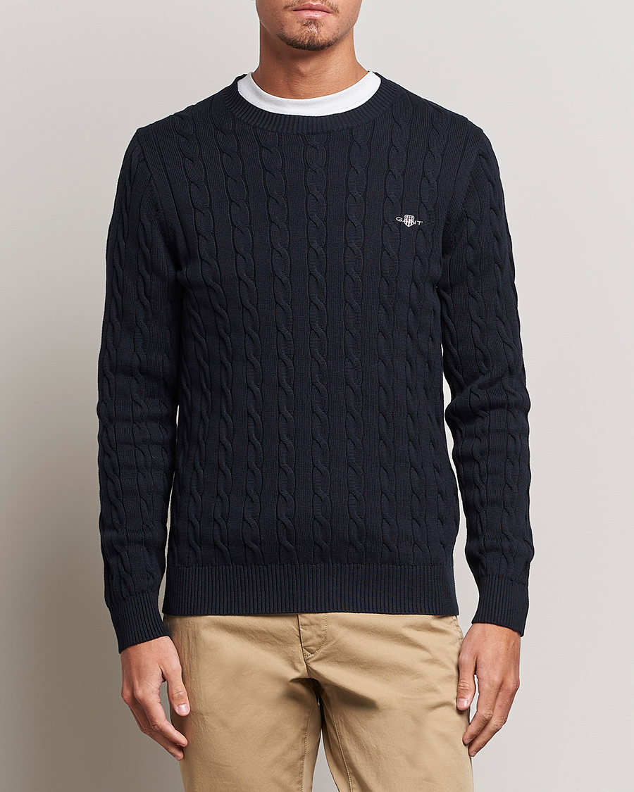 GANT Cotton Cable Crew Neck Pullover Evening Blue at CareOfCarl.com