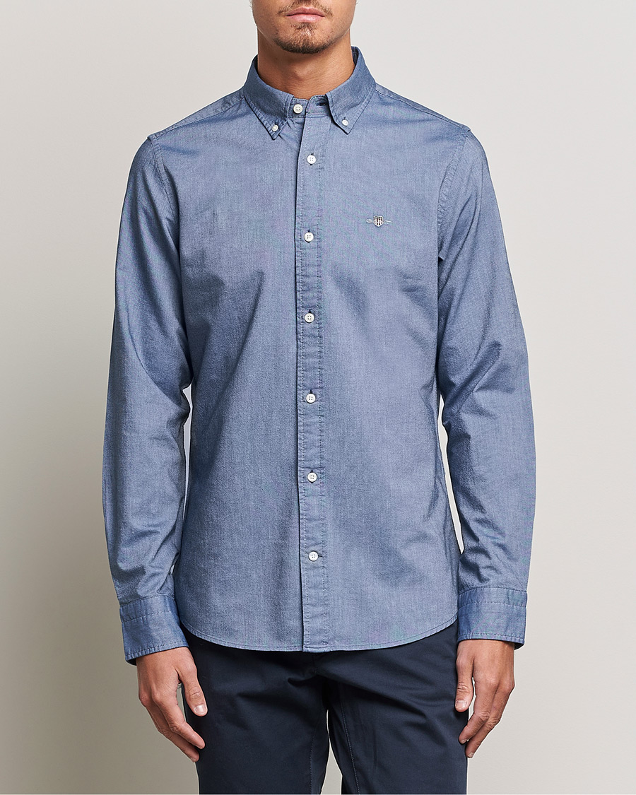 Light Blue Royal Oxford Slim Fit Shirt in Pure Cotton Traveller