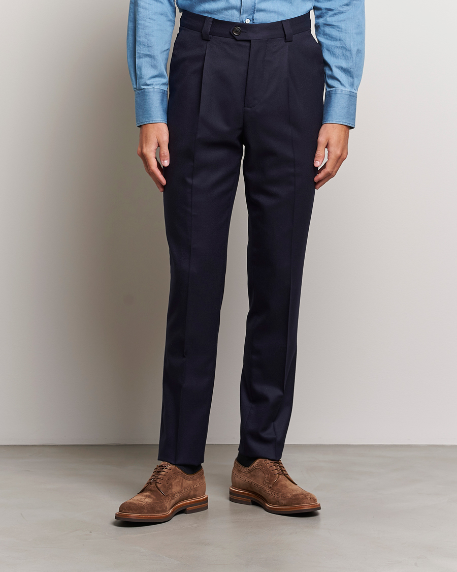 Brunello Cucinelli Slim Fit Pleated Flannel Trousers Navy at CareOfCarlcom