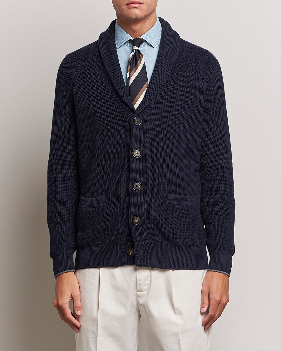 Brunello Cucinelli Shawl-Collar Ribbed Cotton Cardigan - Men - Navy Knitwear - XL