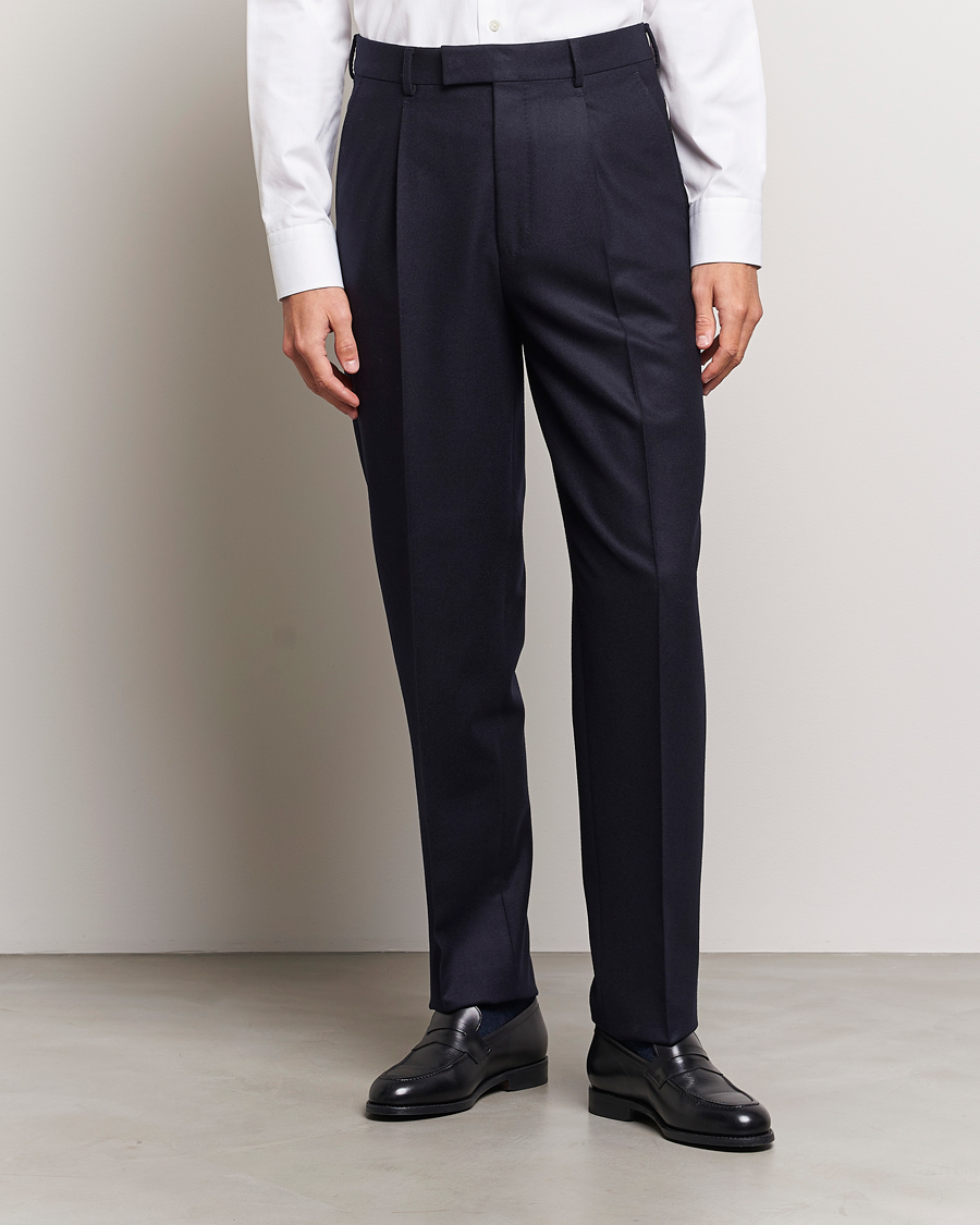 Zegna Pleated Flannel Trousers Navy at CareOfCarl.com