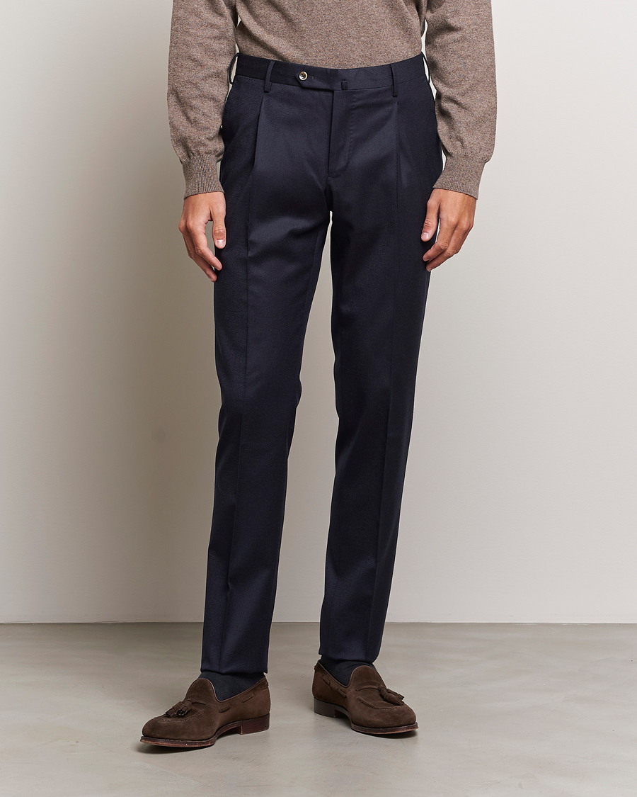 PT01 Slim Fit Pleated Flannel Trousers Navy at CareOfCarl.com