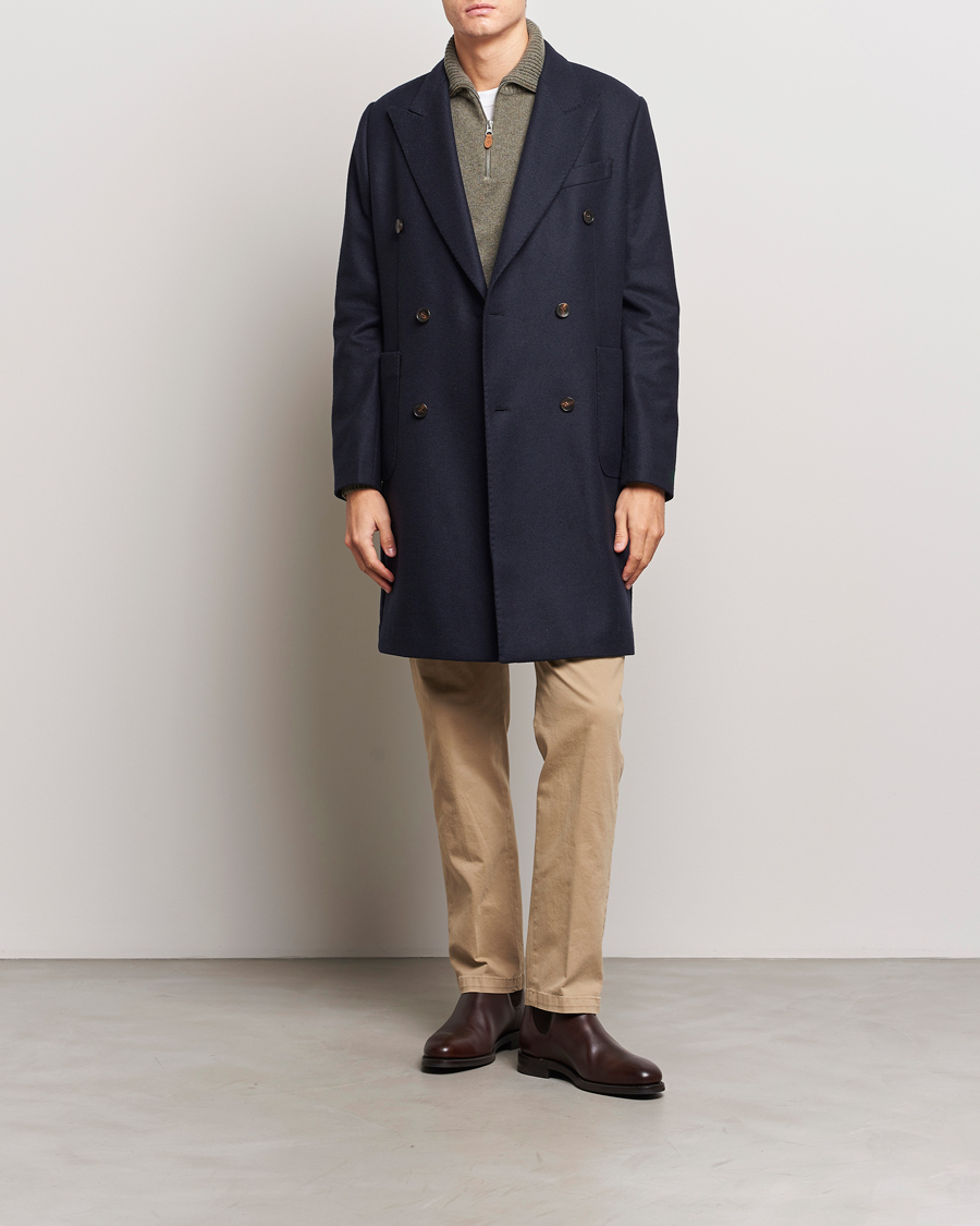 Morris Double Breasted Herringbone Wool Coat Navy at CareOfCarl