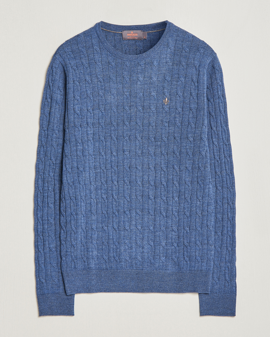 Morris Merino Cable Crew Neck Blue at CareOfCarl.com