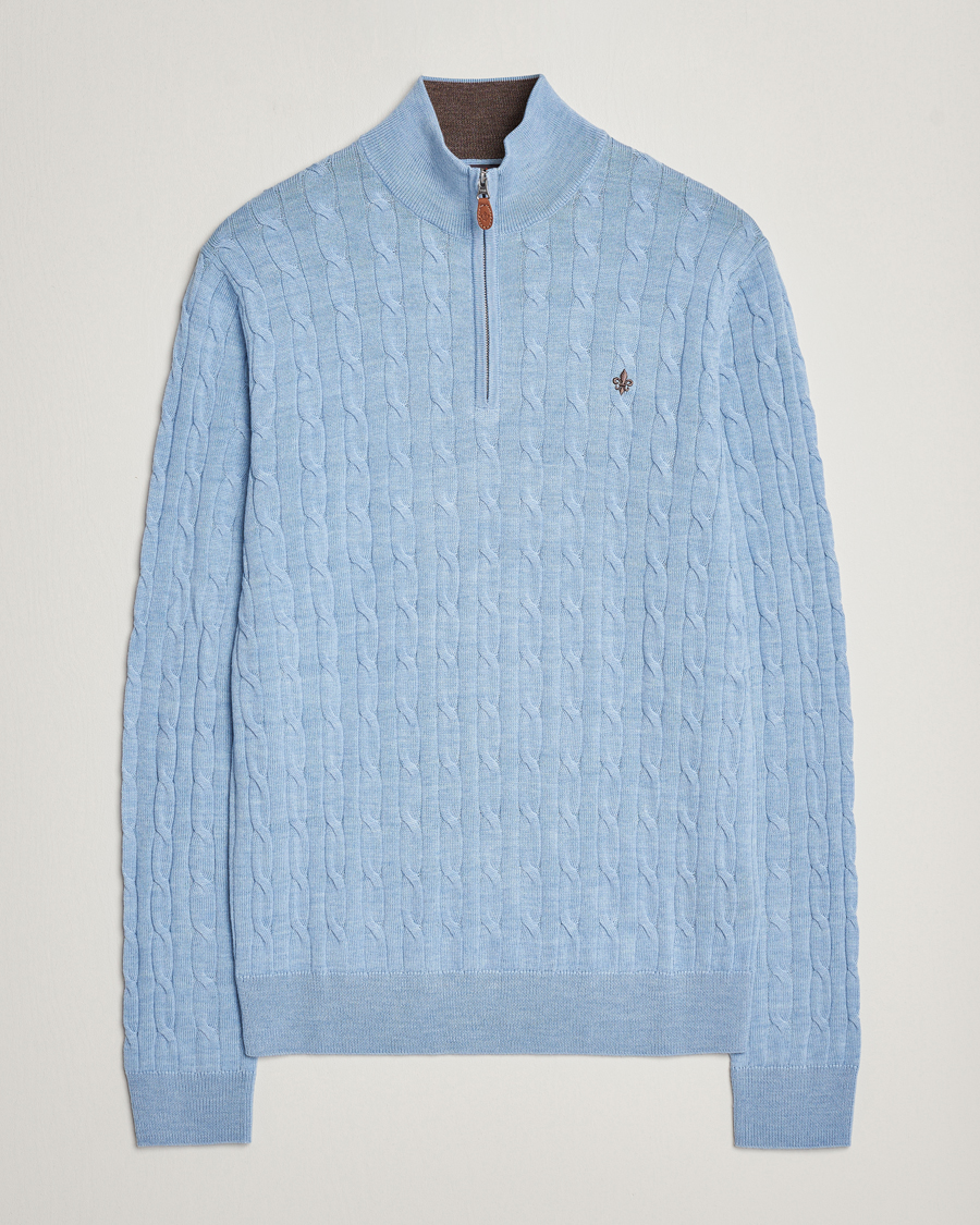 Men | Sweaters & Knitwear | Morris | Merino Cable Half Zip Light Blue