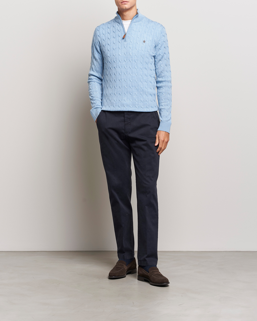 Men | Sweaters & Knitwear | Morris | Merino Cable Half Zip Light Blue