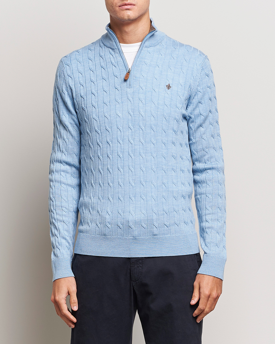 Men | Sweaters & Knitwear | Morris | Merino Cable Half Zip Light Blue
