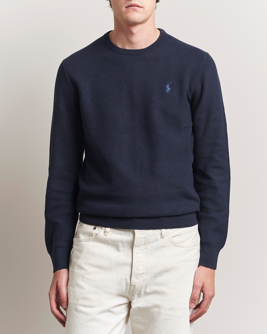 Men | Sweaters & Knitwear | Polo Ralph Lauren | Textured Cotton Crew Neck Sweater Navy Heather