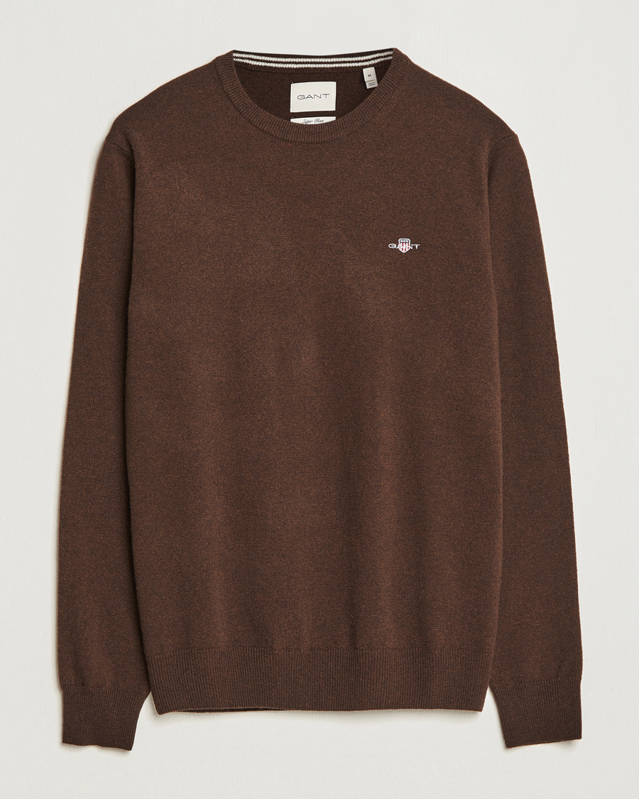 GANT Lambswool Crew Neck Pullover Dark Brown Melange at CareOfCarl.com