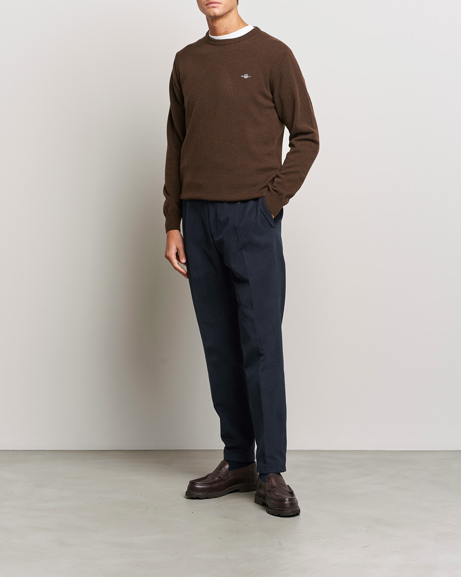 GANT Lambswool Crew Neck Pullover Dark Brown Melange at CareOfCarl.com